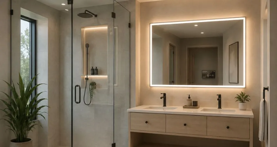 Custom mirror and glass shower